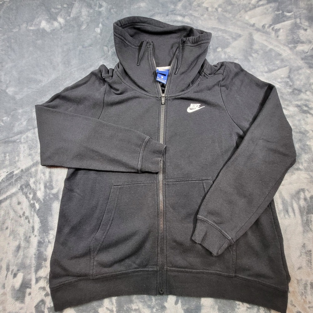 Nike Mens Full Zip Funnel Neck Hoodie Black Fleece Sweatshirt Medium Embroidered